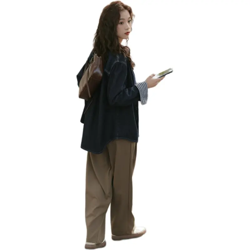 XIAOJUCHUANLI Denim Jacket Women's Dark Blue-0