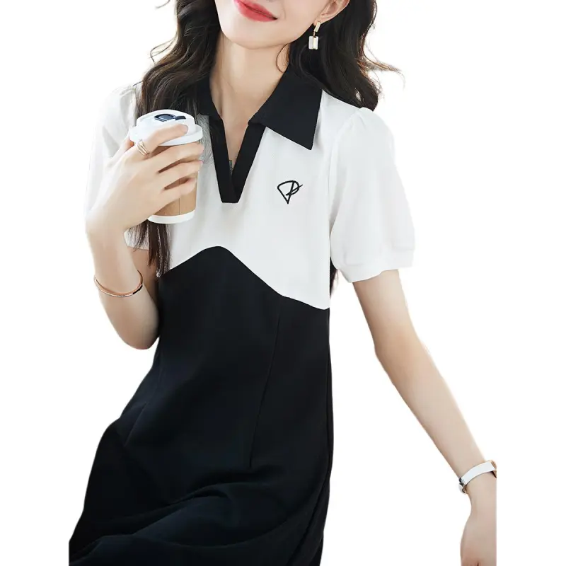 Mo Han Yi Mei Short Sleeved Dress Women's Black White-2