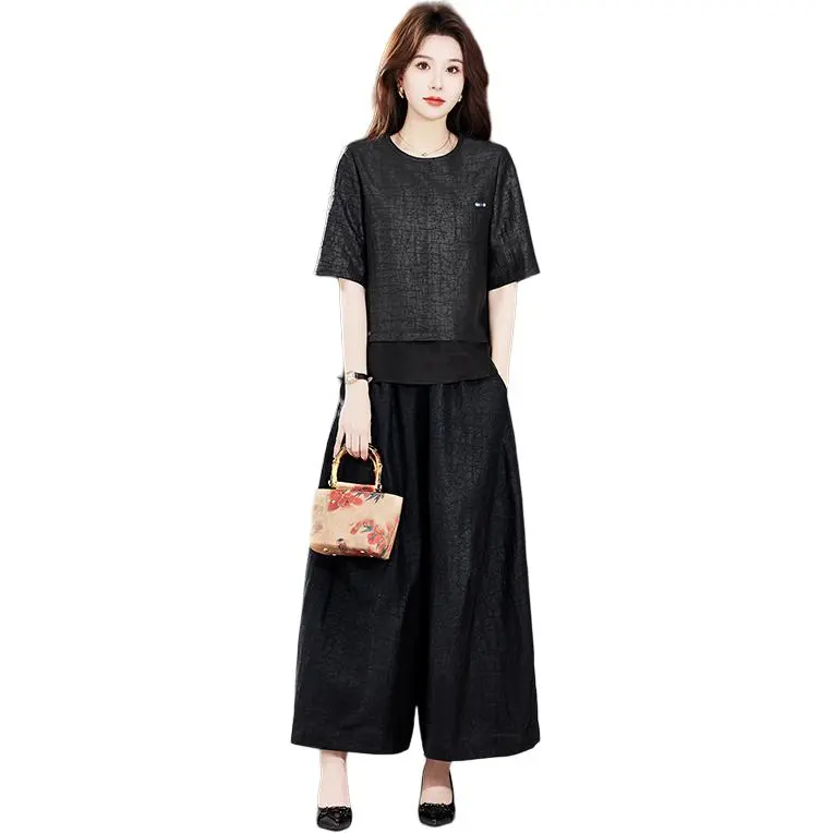 Yi Mengyuan Set in Sleeve Silk T shirt Women's Black-1