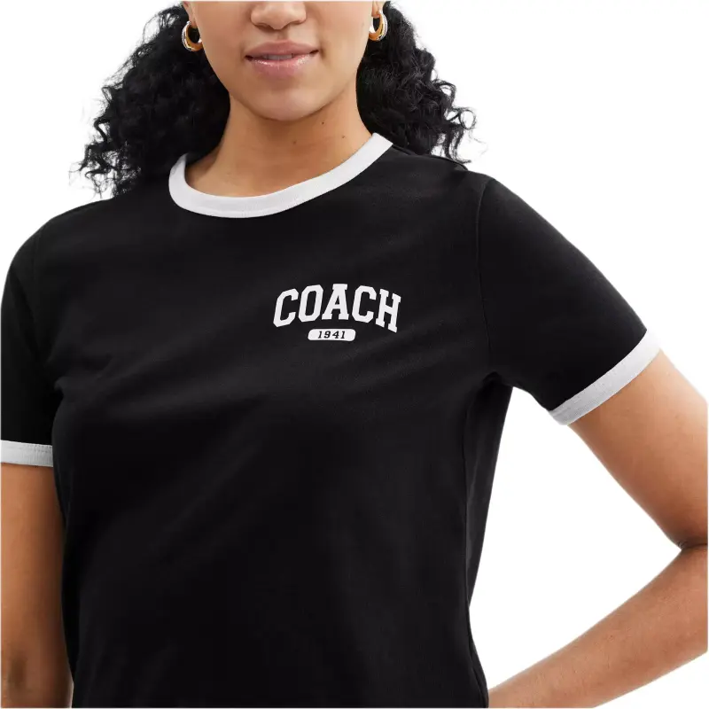 COACH Crew Neck Color Block Trim Short Sleeved Regular T Shirt Women's Black-3