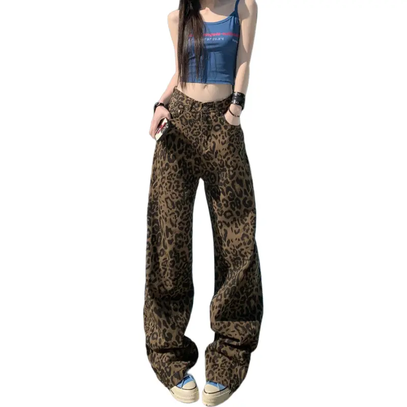 Kazakhstan Jeans Women's Coffee Brown Leopard Print-5