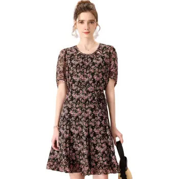 FENHONGMALI Summer Short Sleeved Dress Cinched Waist Women's Black