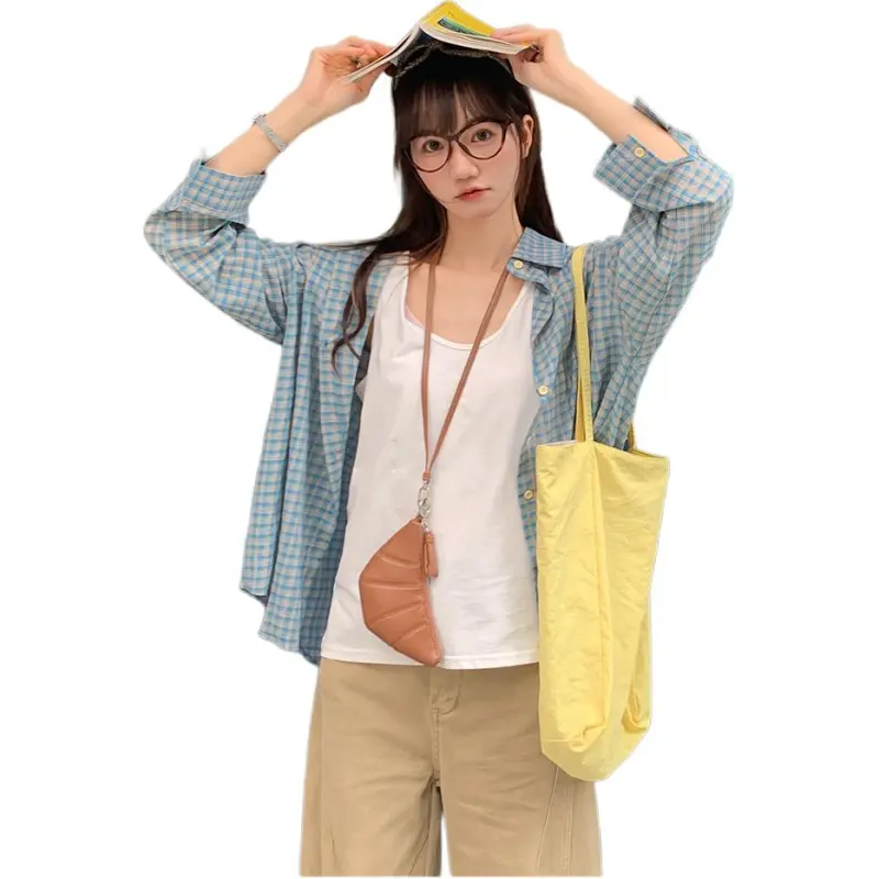 Mu Xiao Xin Shirt Women's Blue Plaid-4