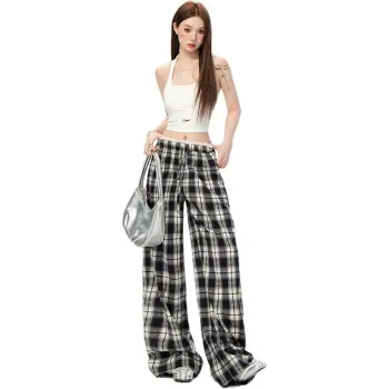 Kazakhstan Casual Pants Women's Lace Trim Plaid