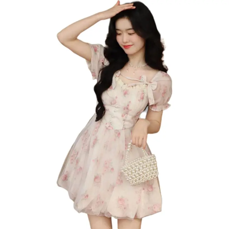 Mu Xiao Xin Short Sleeved Dress Women's Pink Floral-4
