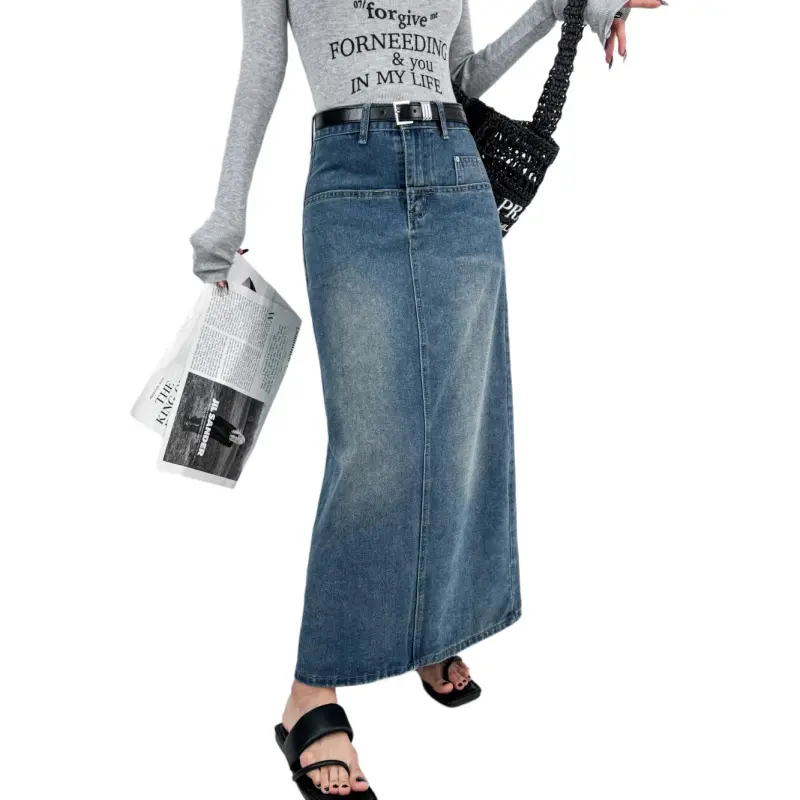 DOUBLE Z SHOP Denim Long Skirt Women's Blue-3