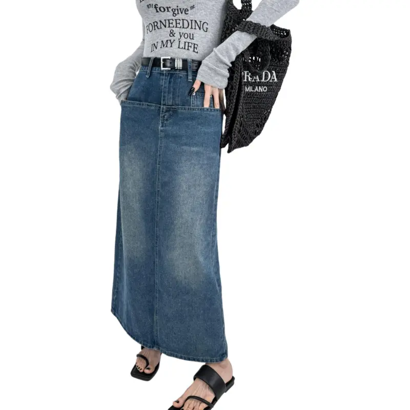 DOUBLE Z SHOP Denim Long Skirt Women's Blue-1