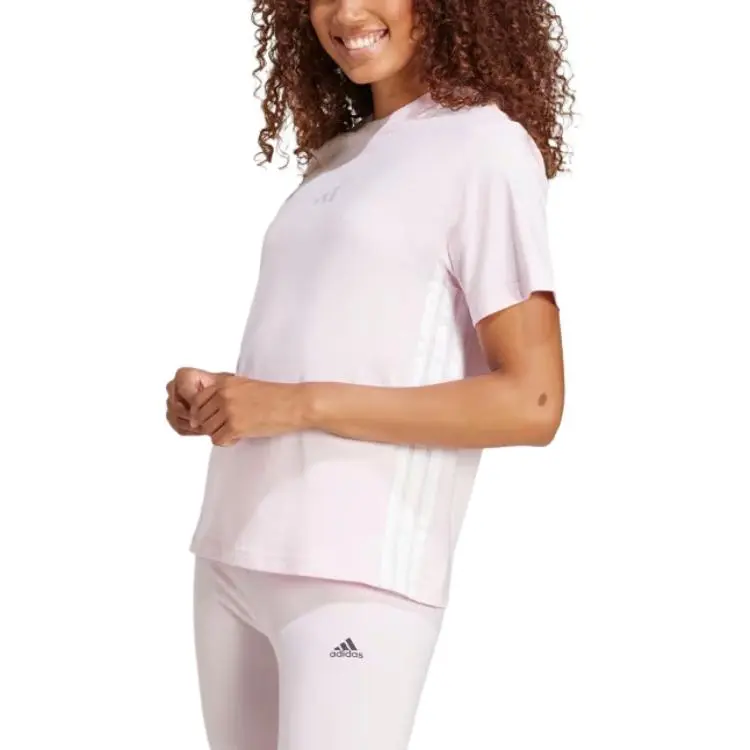 Adidas Women's Essentials 3 Stripes Cotton T Shirt Clear Pink/White-3