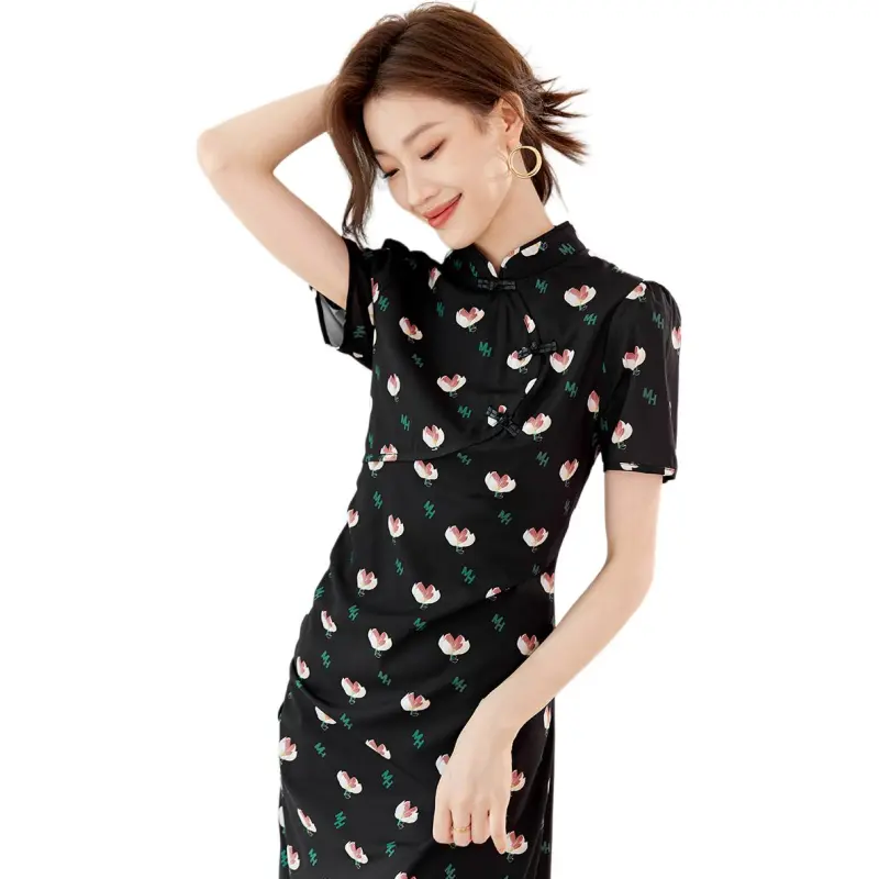 Mo Han Yi Mei Short Sleeved Dress Women's Black-4
