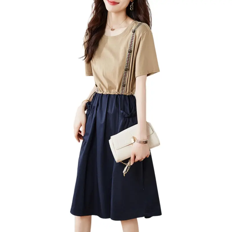 Mo Han Yi Mei Short Sleeved Dress Women's Khaki & Navy Blue-2
