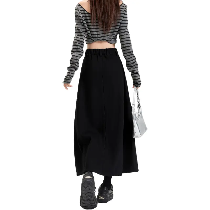 Rose Denim Long Skirts Women's Black-1