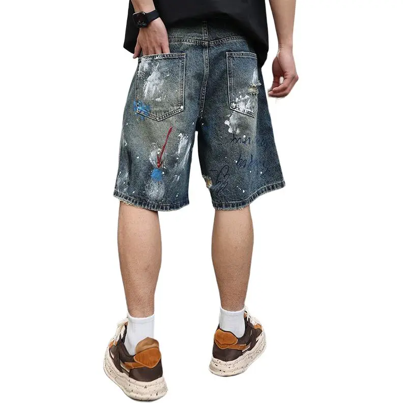 SONGS ALONG Denim Shorts Unisex Blue Graffiti-1