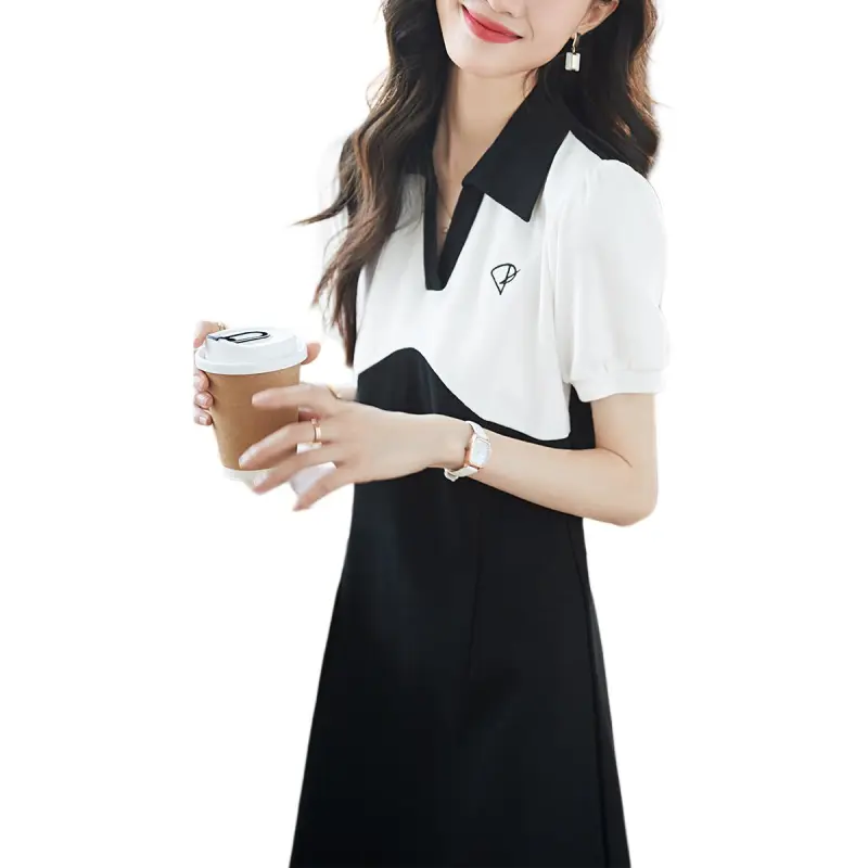 Mo Han Yi Mei Short Sleeved Dress Women's Black White-3