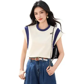 La Chapelle Flutter Sleeve T Shirt Women's Beige & Blue