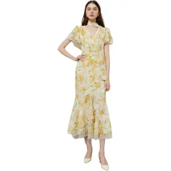 DPLAY Short Sleeved Dress Women's Yellow Undertone Blended Lily