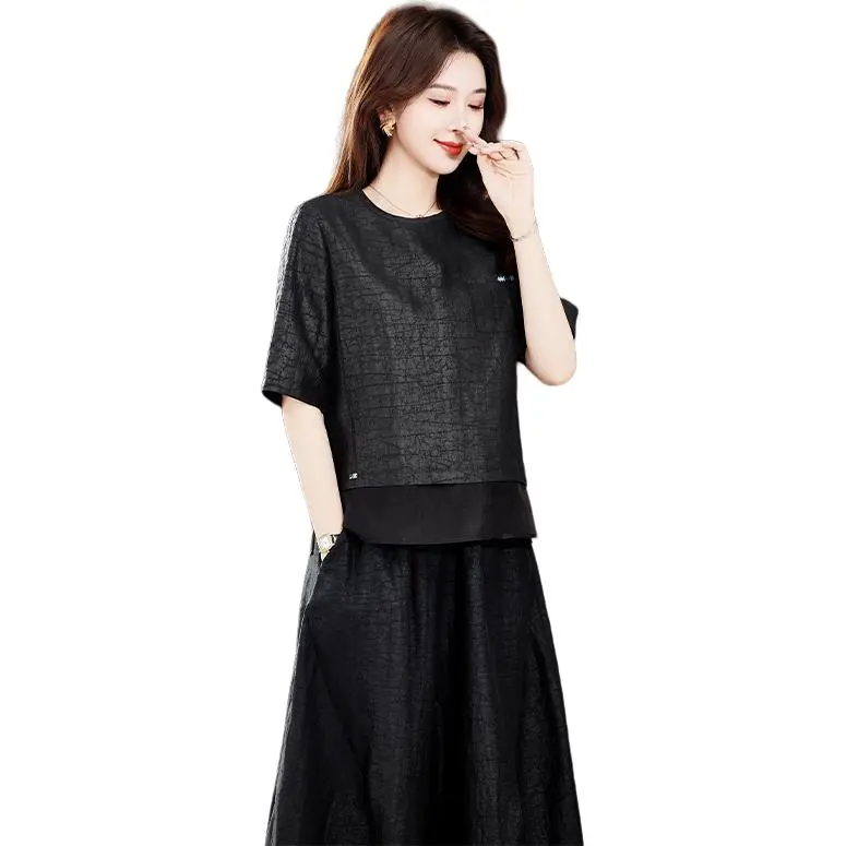 Yi Mengyuan Set in Sleeve Silk T shirt Women's Black-2