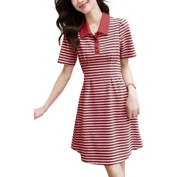 Mo Han Yi Mei Short Sleeved Dresses Women's Red Stripes