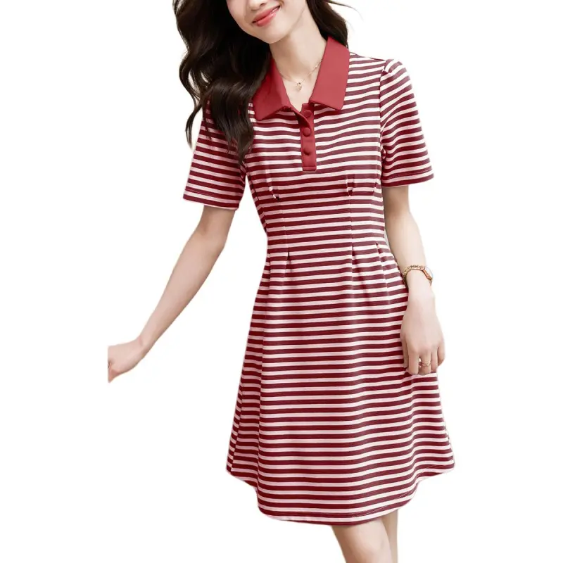 Mo Han Yi Mei Short Sleeved Dresses Women's Red Stripes-0
