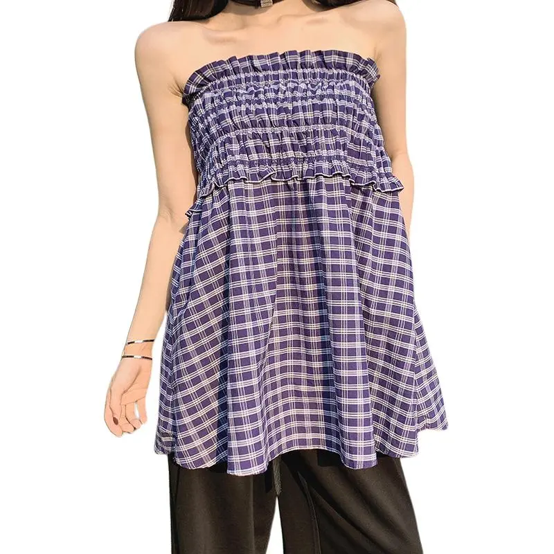 Kazakhstan Casual Long Skirt Women's Blue White Plaid-2