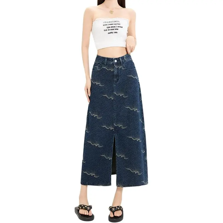 Kazakhstan Denim Long Skirt Women's Blue And White Blue-2