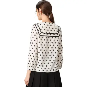 FENHONGMALI Shirt Women's White Base Black Floral