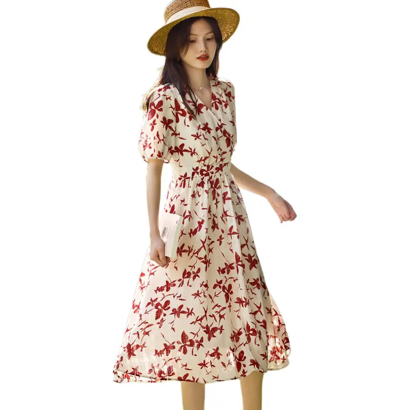 XWI Short Sleeved Dresses Women's Light Beige With Red Flowers-4