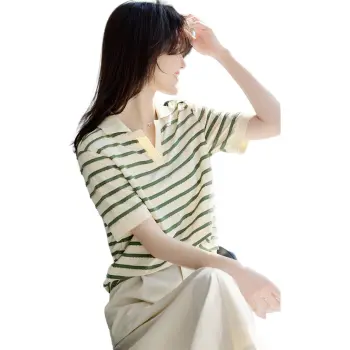 XWI T Shirt Women's Beige Green Stripes