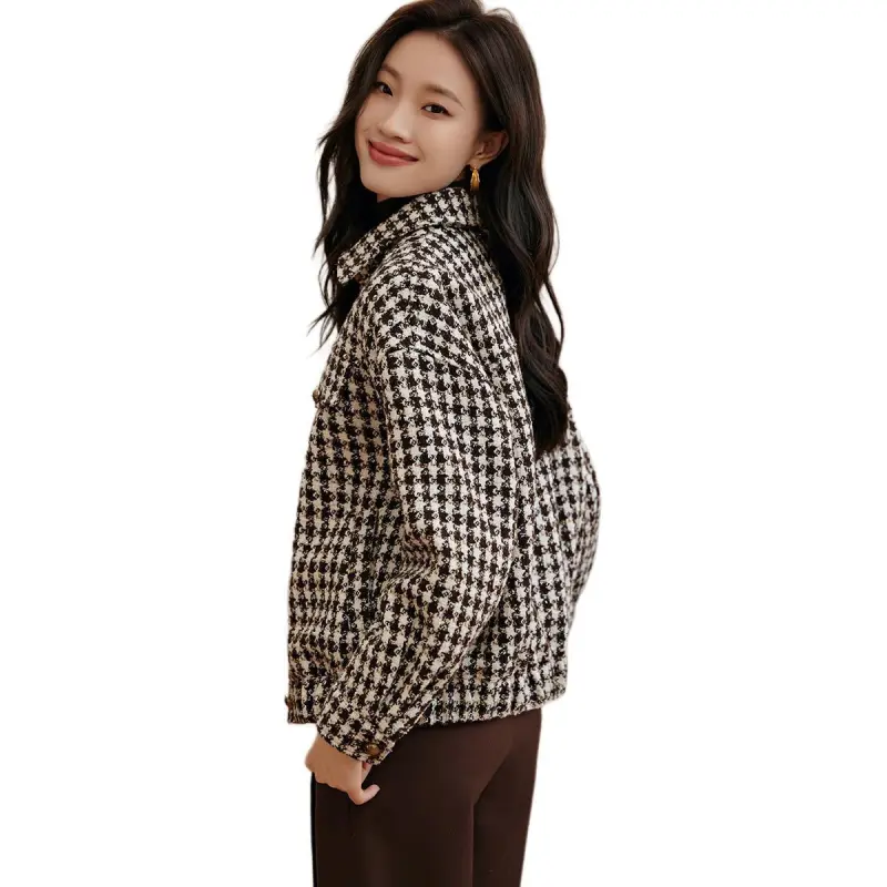 Mo Han Yi Mei Cropped Coats Women's Coffee Plaid-1