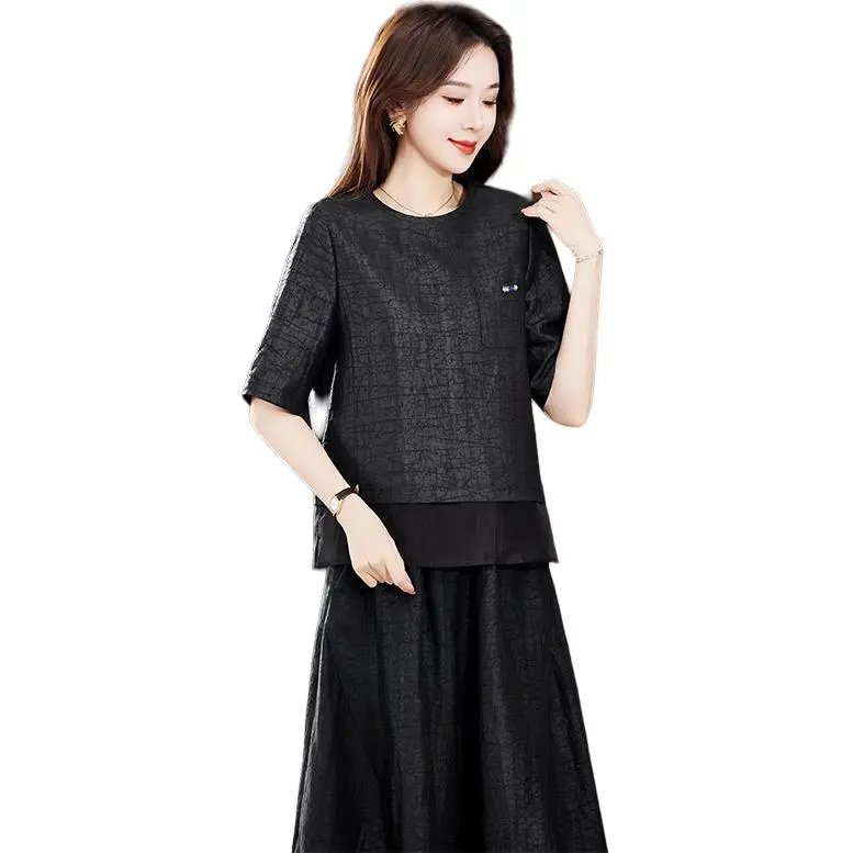 Yi Mengyuan Set in Sleeve Silk T shirt Women's Black-3