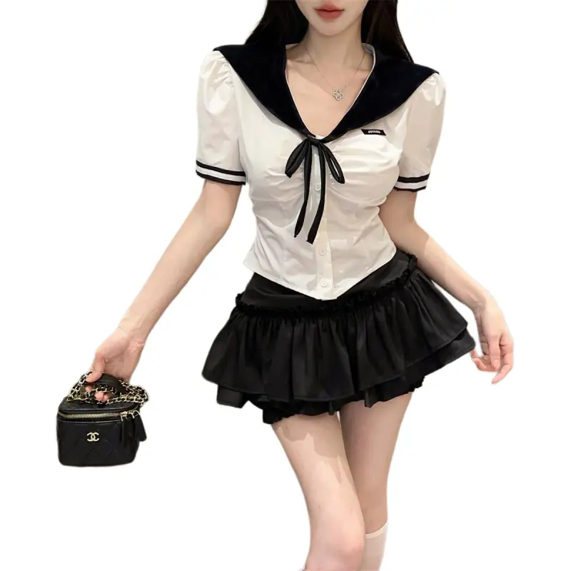 Dior Beauty Two Piece Skirt Sets Women's White Shirt With Bow Tie+Black Skirt Set-1