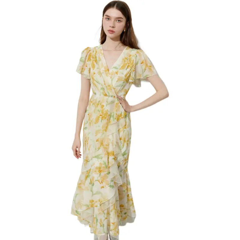 DPLAY Short Sleeved Dress Women's Yellow Undertone Blended Lily-1
