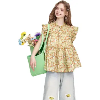 ELF SACK Shirt Women's Small Flower Yellow Green