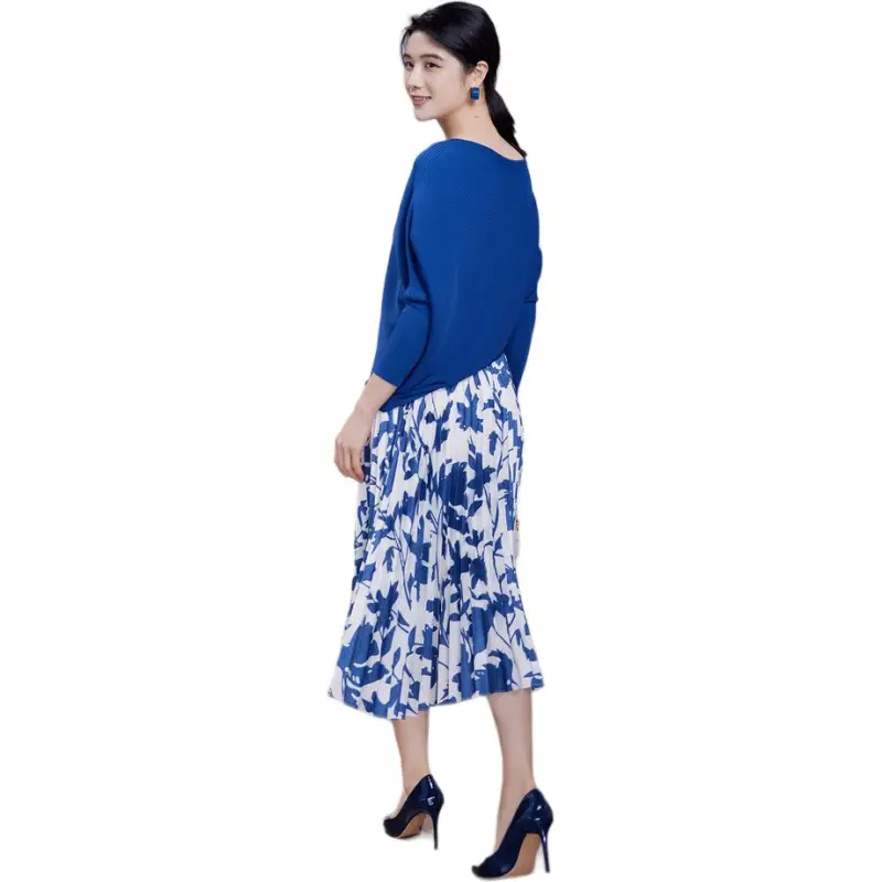 BBLLUUEE Casual Long Skirt Women's Deep Blue Butterfly-1