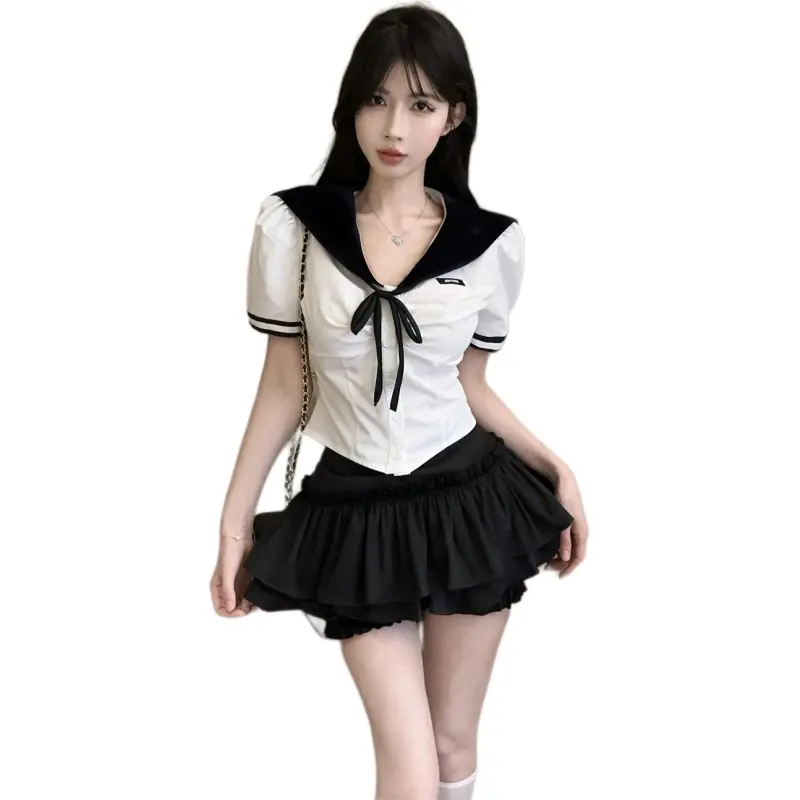 Dior Beauty Two Piece Skirt Sets Women's White Shirt With Bow Tie+Black Skirt Set-3