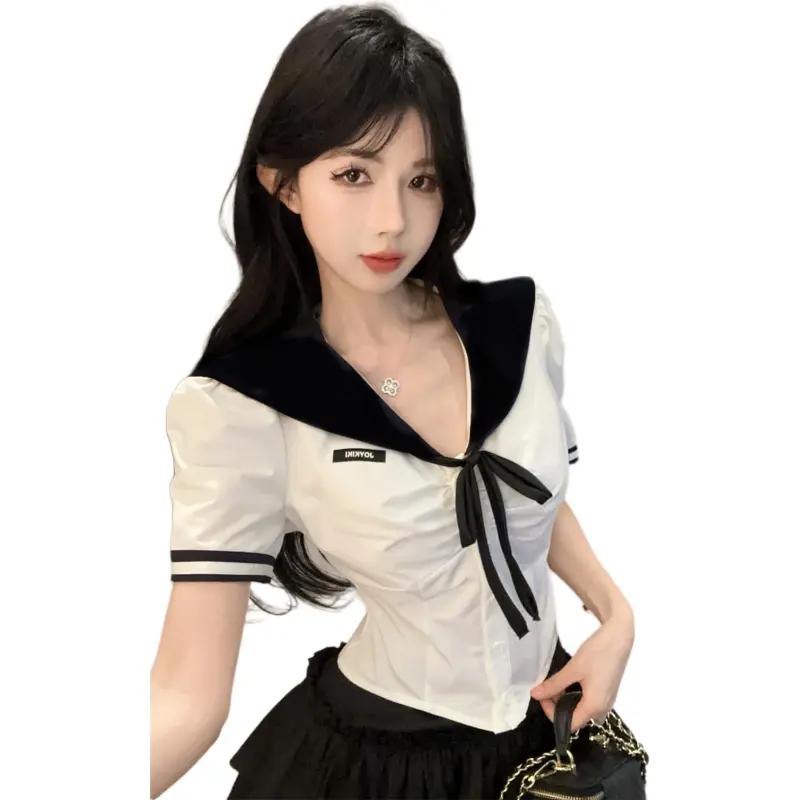 Dior Beauty Two Piece Skirt Sets Women's White Shirt With Bow Tie+Black Skirt Set-7