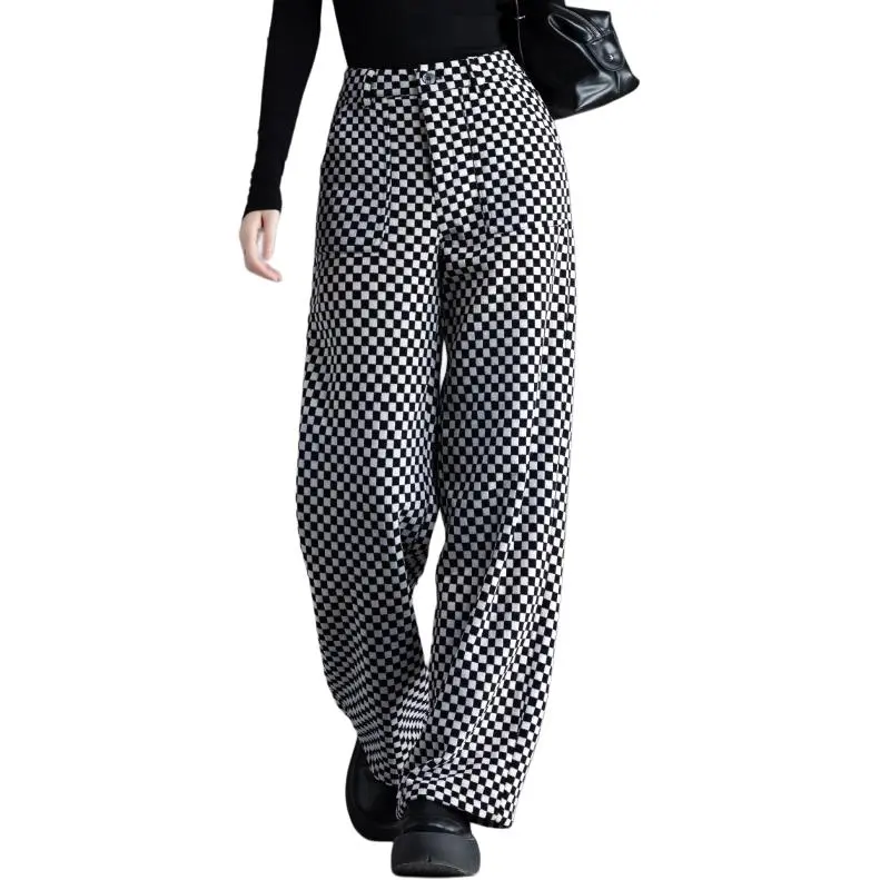 You Cow Me Pants Casual Pants Women's Black White Plaid-1