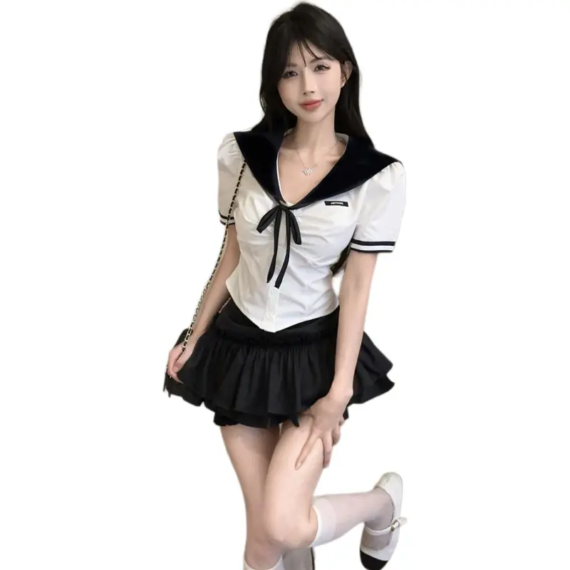 Dior Beauty Two Piece Skirt Sets Women's White Shirt With Bow Tie+Black Skirt Set-6