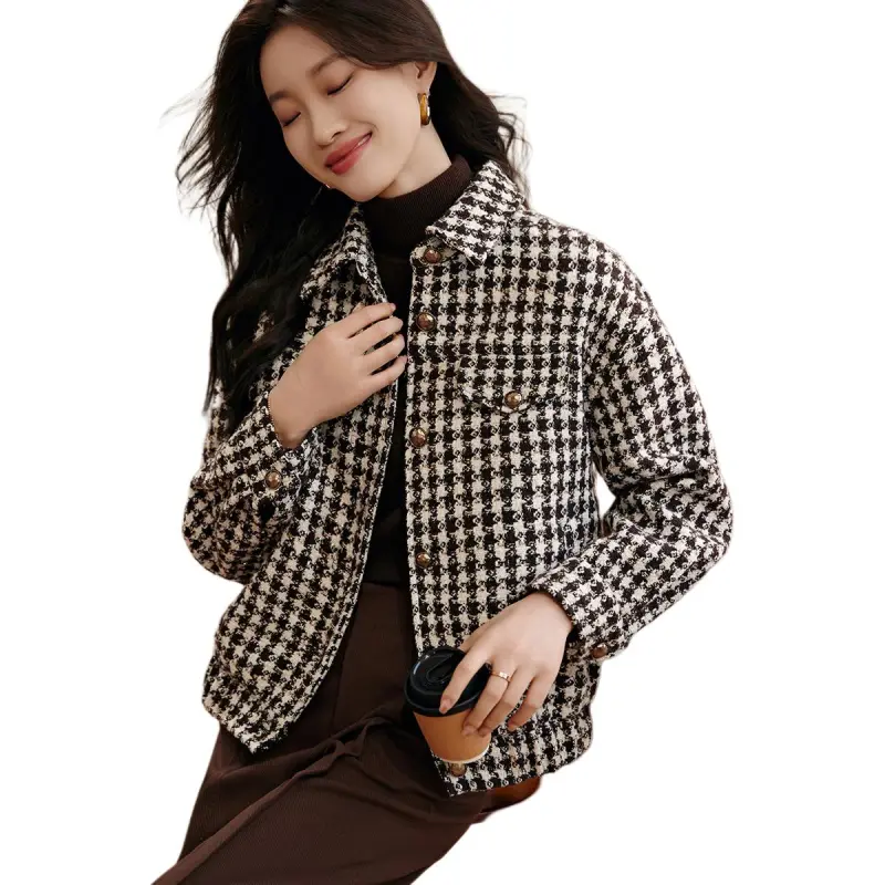 Mo Han Yi Mei Cropped Coats Women's Coffee Plaid-2