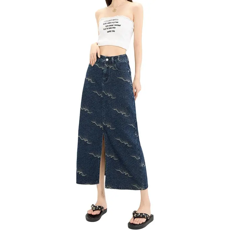 Kazakhstan Denim Long Skirt Women's Blue And White Blue-4
