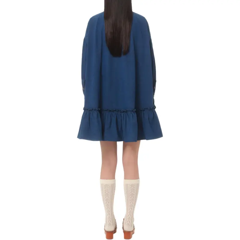 Valentino Ruffled Long Sleeved Denim Dress-2