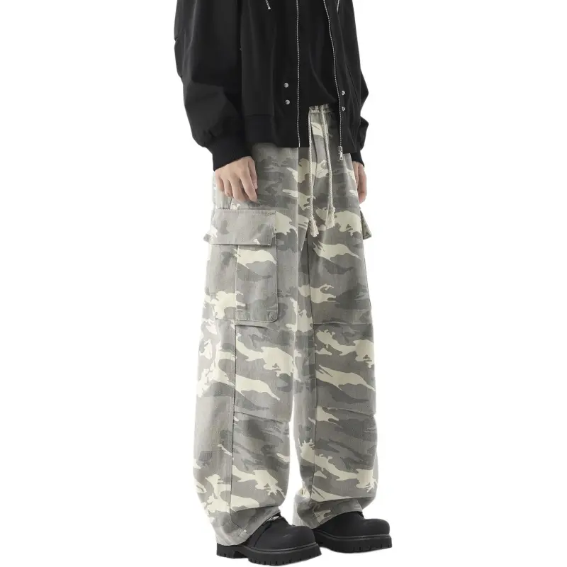 TESTUNG Casual Pants, American Vintage Distressed Outdoor Commute Versatile Sports Wide Leg Style Unisex-5