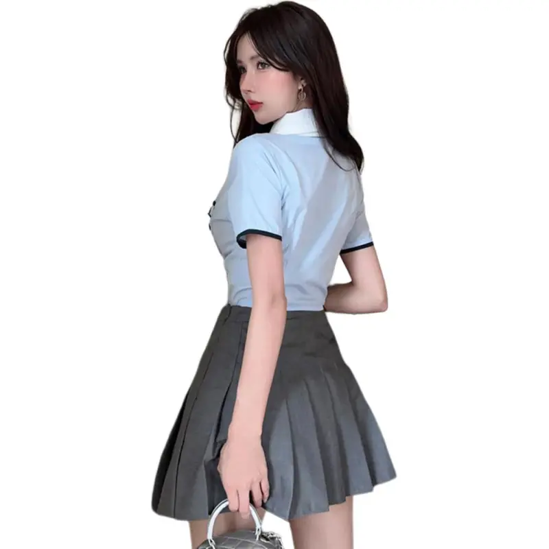 Garbege Uniform Women's Blue Shirt Tie Gray Skirt Set-1