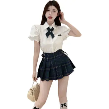 Mu Xiao Xin Two Piece Skirt Sets Women's White Shirt With Free Bow Tie/Green Plaid Skirt