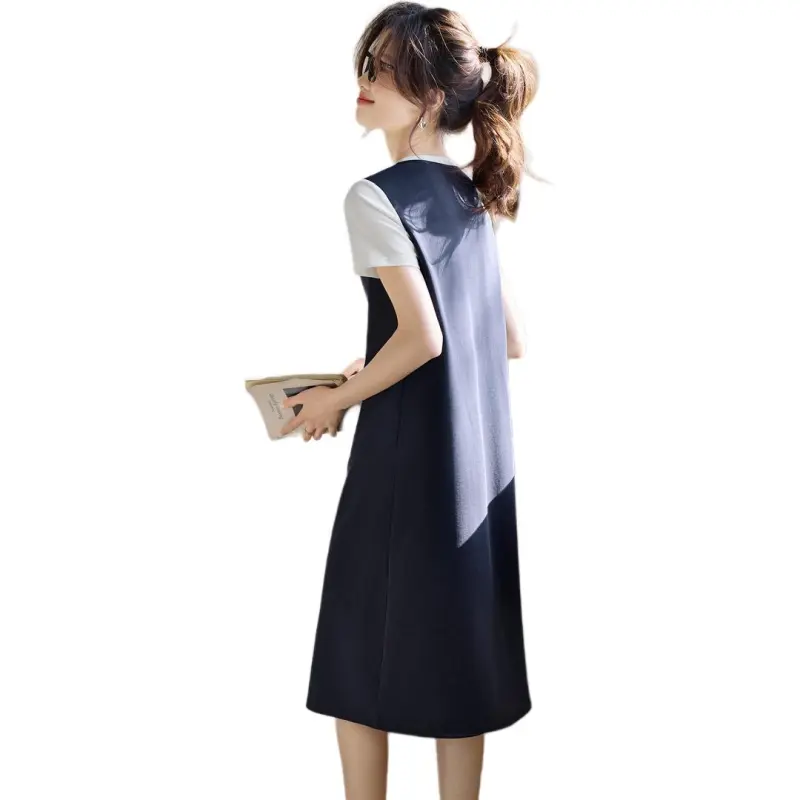Flowers In Water Short Sleeved Dress Women's Navy Blue & White-1