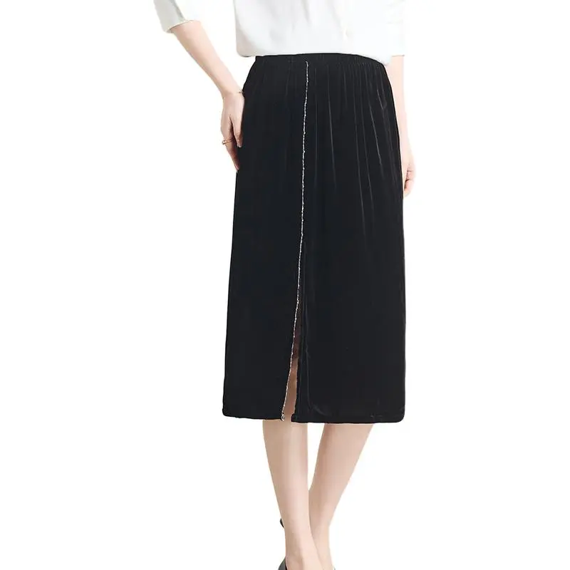 Yi Mengyuan Silk Casual Long Skirt Women's Black-3