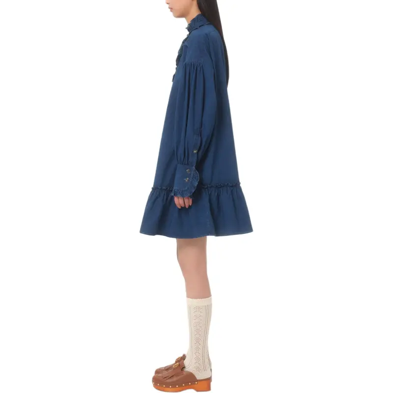 Valentino Ruffled Long Sleeved Denim Dress-3