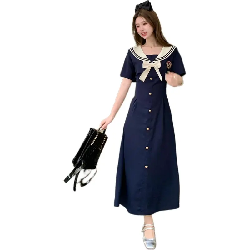 Mu Xiao Xin Short Sleeved Dress Women's Long Marine Blue-4