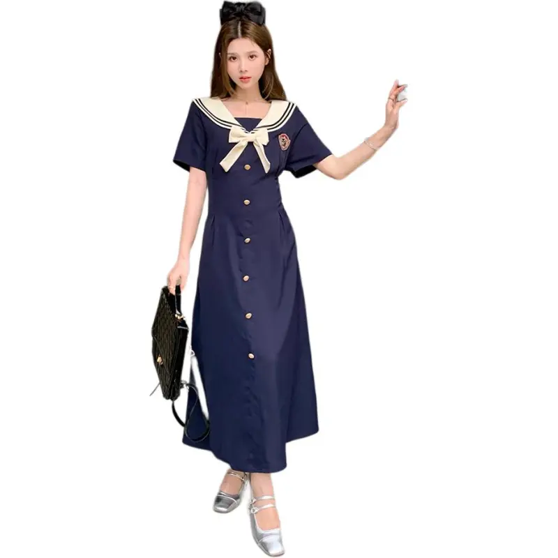 Mu Xiao Xin Short Sleeved Dress Women's Long Marine Blue-2