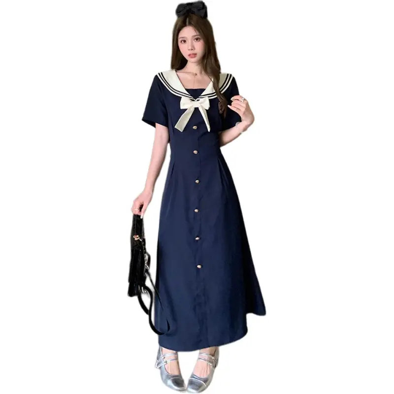 Mu Xiao Xin Short Sleeved Dress Women's Long Marine Blue-3