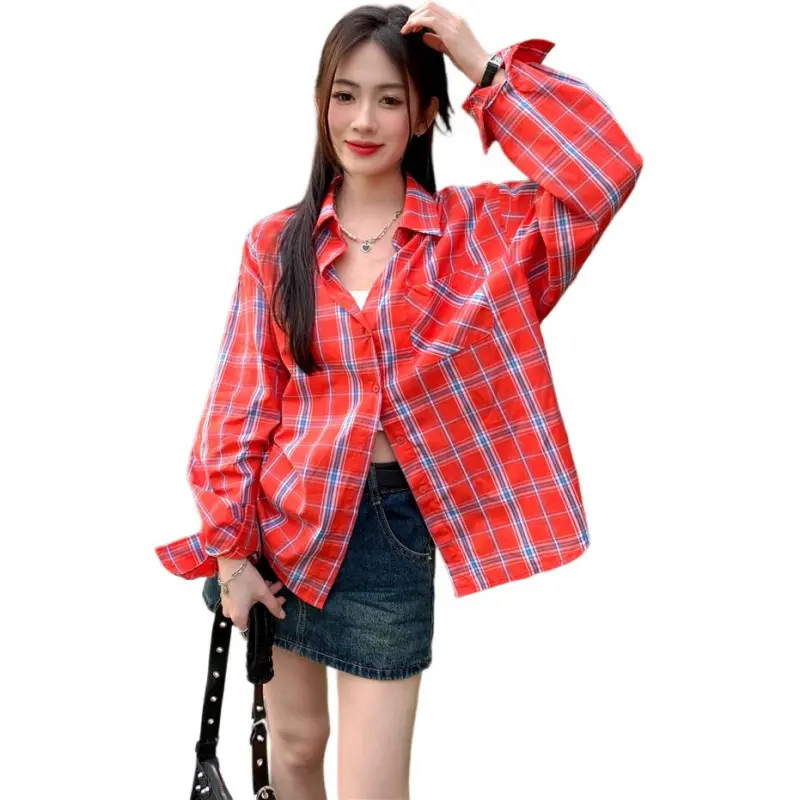 Si Bei'er Shirt Women's Red Plaid-2